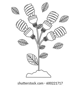 grayscale contour with plant stem with leaves and fluorescent bulbs spiral vector illustration