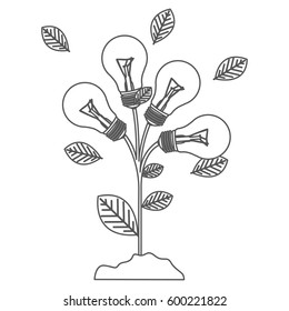 grayscale contour with plant stem with leaves and Incandescent bulbs vector illustration