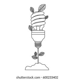 grayscale contour with plant stem with leaves and fluorescent bulb spiral vector illustration