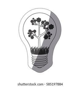 grayscale contour sticker with bulb light and floral tree vector illustration