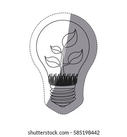 grayscale contour sticker with bulb light and plant with stem and leaves vector illustration