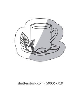 grayscale contour sticker of hot mug of tea vector illustration