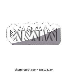 grayscale contour sticker with pencils row with half shadow vector illustration