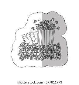 grayscale contour sticker of popcorn container and movie tickets vector illustration