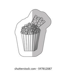 grayscale contour sticker of popcorn container with movie tickets inside vector illustration
