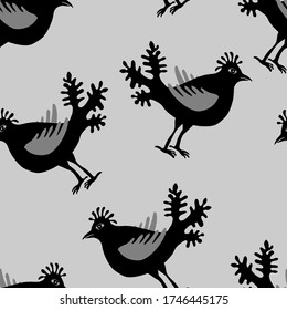Escala de grises lindo divertido pequeño pájaros vectores patrón sin fisuras para decoración, embalaje, textil.