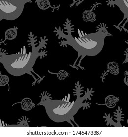 Grayscale cute funny small birds and flowers vector seamless pattern for decoration, packaging, textile.