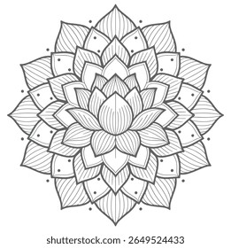 Uma ilustração detalhada em tons de cinza de uma flor de lótus organizada em um padrão de mandala sobre um fundo branco. O design é intrincado e simétrico.