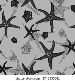 Grayscale different starfish vector seamless pattern for decoration, wrapping paper, textile.