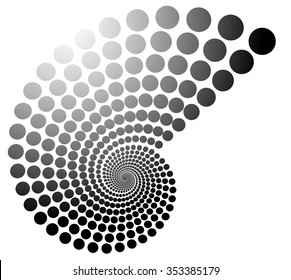 Grayscale dotted spiral, volute graphic. Editable vector.