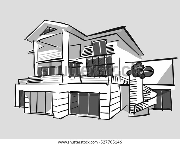 Grayscale Drawing Dream House Hand Drawn Stock Vector Royalty
