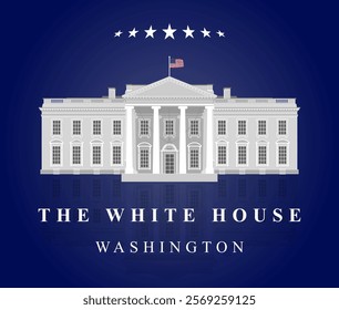 Grayscale drawing of the White House in Washington, D.C., with a colorful national flag waving. Reflection of the white house on a blue background. U.S. politics, presidential residence