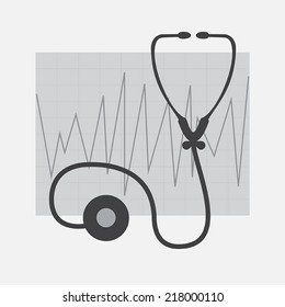 Grayscale ECG and Stethoscope  isolated in white