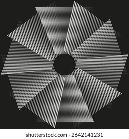 Grayscale fan illustration. Radial shutter symbol. Abstract rotor Vector. Dynamic petal design.