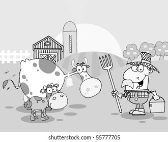 Grayscale Farmer Tending To His Cattle On His Farm