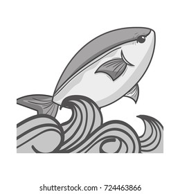 grayscale fish animal in the sea with waves design