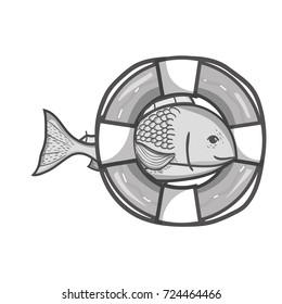grayscale fish with life buoy object design