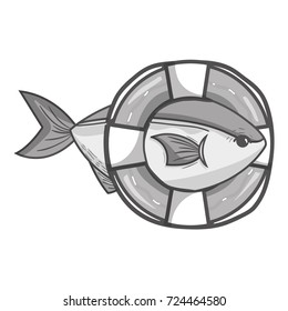 grayscale fish with life buoy object design