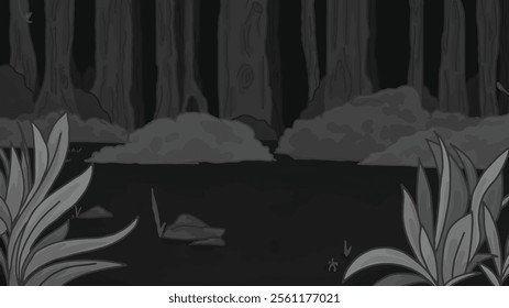 Grayscale forest scene with intricate details of trees and foliage, presenting a serene yet mysterious atmosphere. Ideal for elegant and subdued visuals.