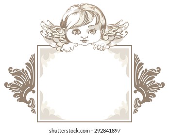 grayscale frame with angel head in vintage style