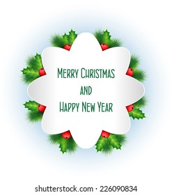 Grayscale frame with holly sprigs and pine branches on light blue background