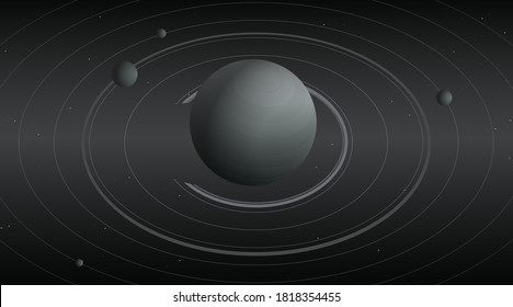 Grayscale galaxy cosmic universe orbit system with big planet in center, cool mono black and white universe sci-fi illustration