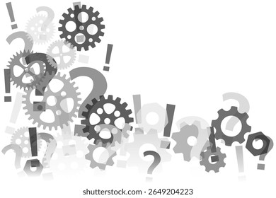 Grayscale gears, question marks, and exclamation points on the left side and at the bottom