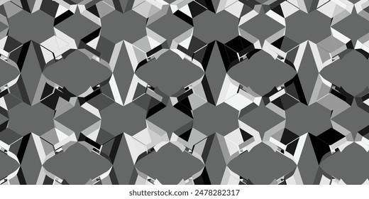 Grayscale geometric abstract pattern is mesmerizing, creating a 3D illusion that is seamless and captivating to the eye