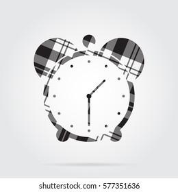 grayscale, gray, black isolated tartan icon with white stripes - alarm clock and shadow in front of a gray background