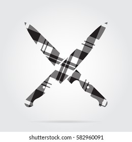 grayscale, gray, black isolated tartan icon with white stripes - two crossed kitchen knives and shadow in front of a gray background