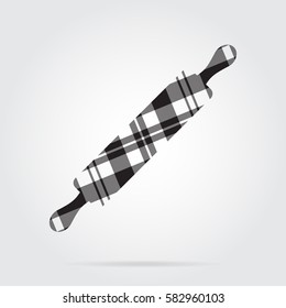 grayscale, gray, black isolated tartan icon with white stripes - rolling pin and shadow in front of a gray background