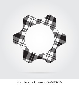 grayscale, gray, black isolated tartan icon with white stripes - cogwheel and shadow in front of a gray background