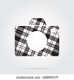grayscale, gray, black isolated tartan icon with white stripes - camera and shadow in front of a gray background