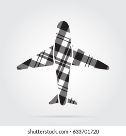 grayscale, gray, black isolated tartan icon with white stripes - airliner and shadow in front of a gray background