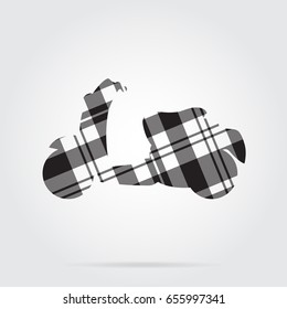 grayscale, gray, black isolated tartan icon with white stripes - scooter and shadow in front of a gray background