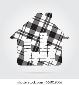 grayscale, gray, black isolated tartan icon with white stripes - house with equalizer and shadow in front of a gray background