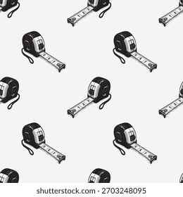 Tons de cinza, mão desenhado padrão sem costura com medidas de fita retrátil. Repetitivo, estilo de esboço realista. Perfeito para construtores, DIY, alfaiates, ou papel de parede de decoração de casa.