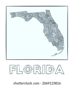 Grayscale hand-drawn map of the US state of Florida. Filled regions with hachure stripes. Vector illustration.