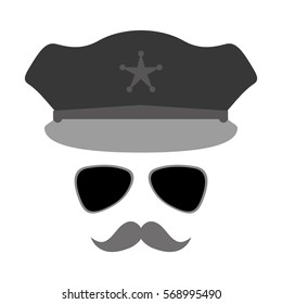 grayscale hat, glasses and mustache police icon vector illustration