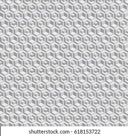 Grayscale hexagonal seamless vector pattern. Volumetric hexagon elements placed randomly. Modern abstract geometric background. Monochrome abstract texture with 3d effect.