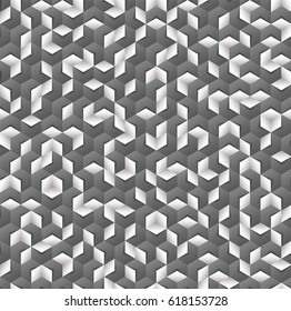 Grayscale hexagonal seamless vector pattern. Volumetric hexagon elements placed randomly. Modern abstract geometric background. Black and white tiles with shadow form abstract texture. 