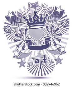 Grayscale holiday background with stylized 3d monarch crown placed over glass goblet. Celebration theme poster with stylish stars and rays. Graphic design elements.