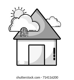 grayscale house with clouds raining and sun tropical weather