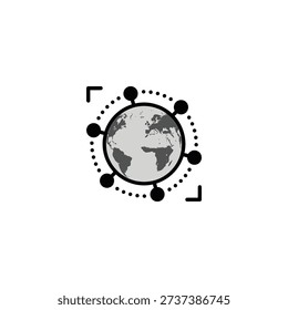 A grayscale icon depicting the earth surrounded by a dotted circular connection