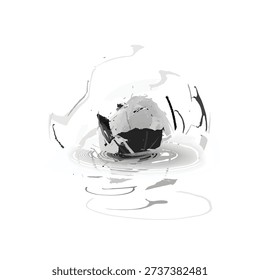 A grayscale illustration depicts a broken ceramic pot with water spilling