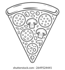 A grayscale illustration depicts a pizza slice with pepperoni sausage mushrooms and peppers The style is simple line art with a slightly vintage feel