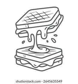 A grayscale illustration depicts two square sandwiches with melted cheese dripping between them. The style is simple line art with a doodle aesthetic.
