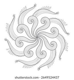 Uma ilustração em tons de cinza apresenta um desenho de mandala circular composto de espirais giratórias e linhas intrincadas, criando uma sensação de movimento e simetria. O padrão é detalhado e decorativo.