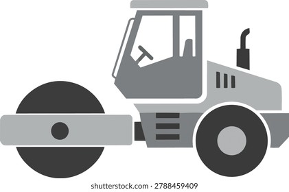A grayscale illustration of a road roller, a heavy construction vehicle used for compacting soil, gravel, concrete, or asphalt in road construction and maintenance.