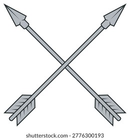 Grayscale illustration of two crossed arrows with a focus on volume and textures. The sober style emphasizes the feather structure and the hardness of the lithic points.